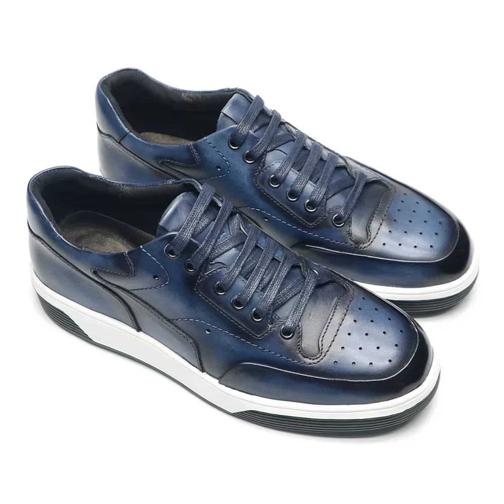 2025 nouvelles chaussures décontractées en cuir véritable pour hommes baskets solide bleu noir Style de sport sculpté respirant affaires Social chaussure plate