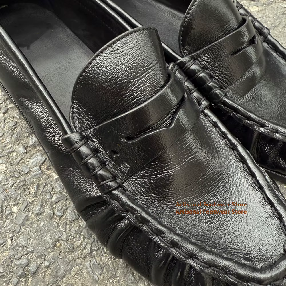 Mocassins au Design plissé rétro en cuir noir