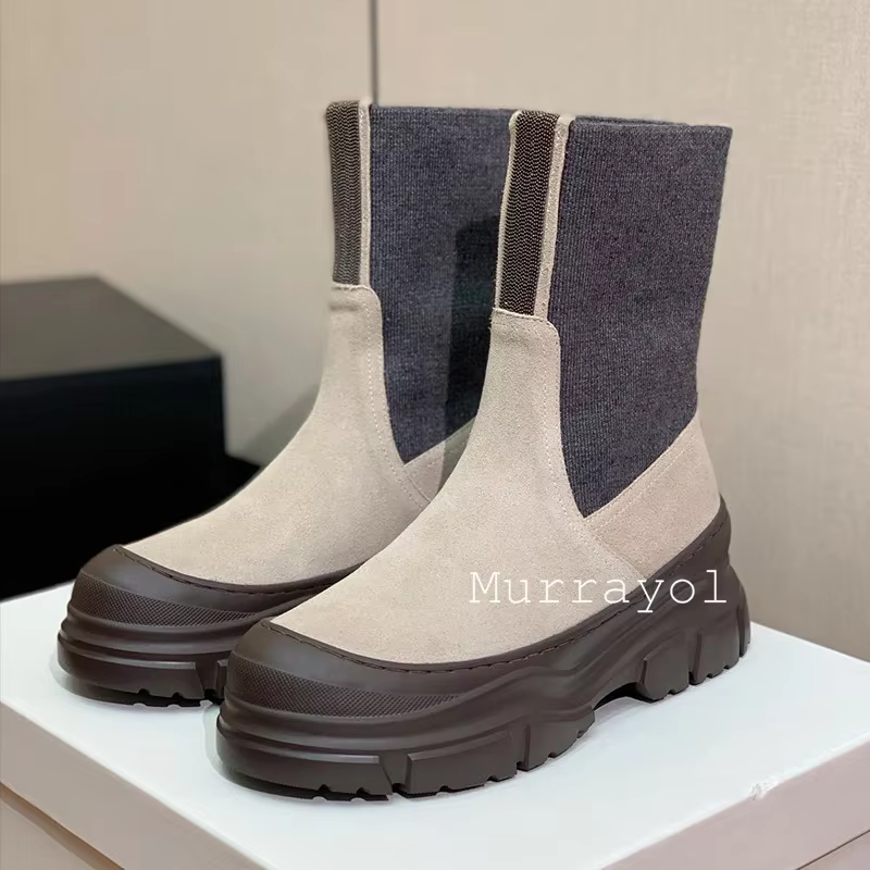 Enfant daim bande élastique Patchwork cheville Botas femmes bout rond Lacer-up plat fond épais bottes courtes automne