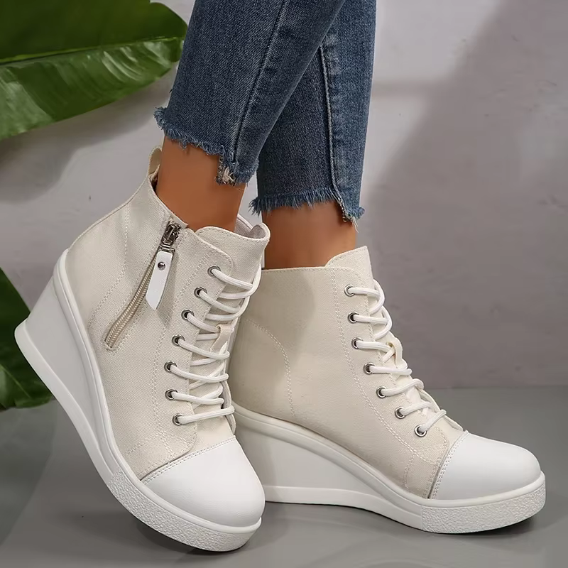 Mélange de couleurs blanc noir haut chaussures en toile compensées femme automne 2025 à lacets plate-forme baskets pour