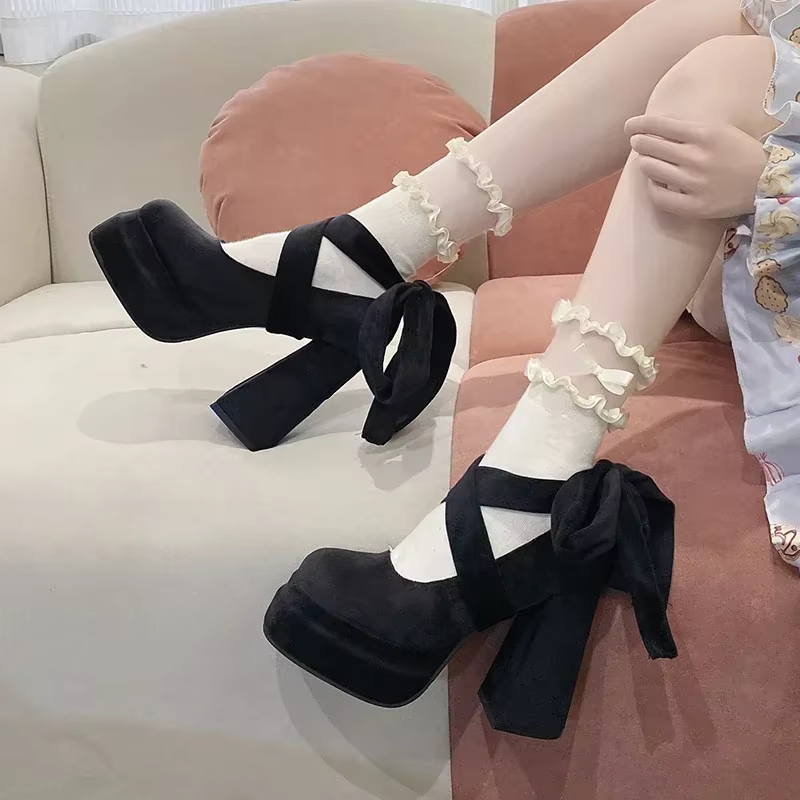 Plate-forme Mary Janes chaussures femmes daim luxe talon haut à lacets tendance Lolita