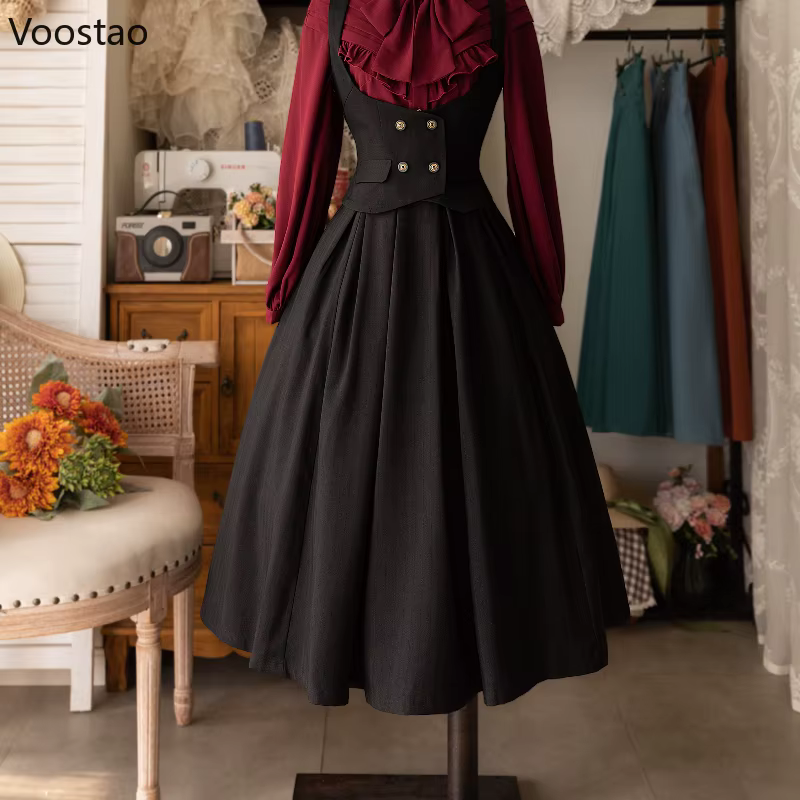 Jupe mi-longue Vintage victorienne Lolita pour femmes, élégante, douce, boutons Y2k, Slim, ligne a, jupes longues, jupe de fête classique japonaise
