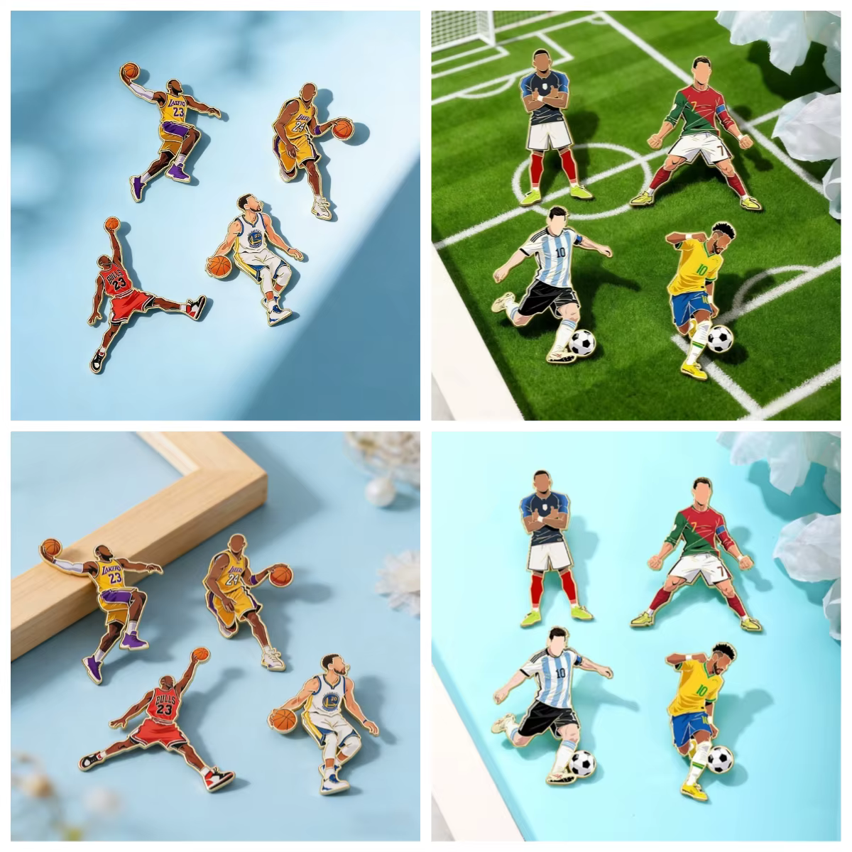 Lot de 4 broches émaillées personnages stars du basketball/football, épingles de revers, badges métalliques de joueur de football, accessoires de bijoux, cadeaux