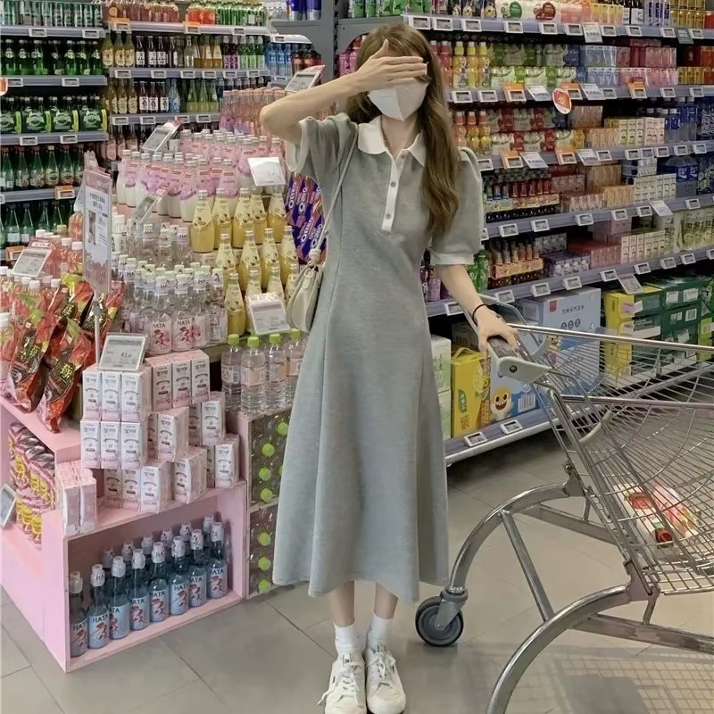 Robe à col Polo pour femmes, couleur bloquée, nouveau tempérament, Style mi-long, taille amincissante, manches courtes, jupe trapèze, été 2025