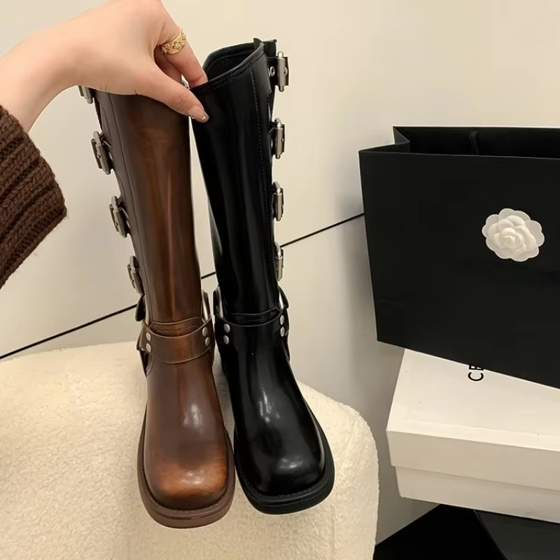 Plate-forme bottes de Combat fermeture éclair talon épais boucle Vintage mode décontracté luxe concepteur Western