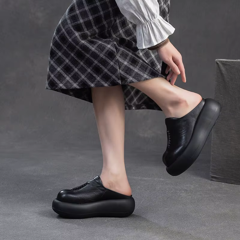 GKTINOO 2026 Nouvelles sandales d'été à semelle épaisse en cuir véritable à bout rond polyvalentes pour femmes