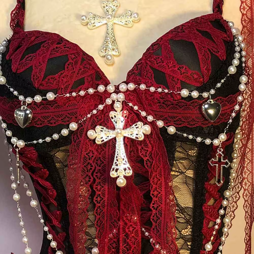 Robe Gothique Rouge pour Femme Y2K Rave Cyber Punk Rock Star Goth Croix Dentelle Scène Emo ALT Grunge E-Girls Lolita Robe de Bal Vêtement