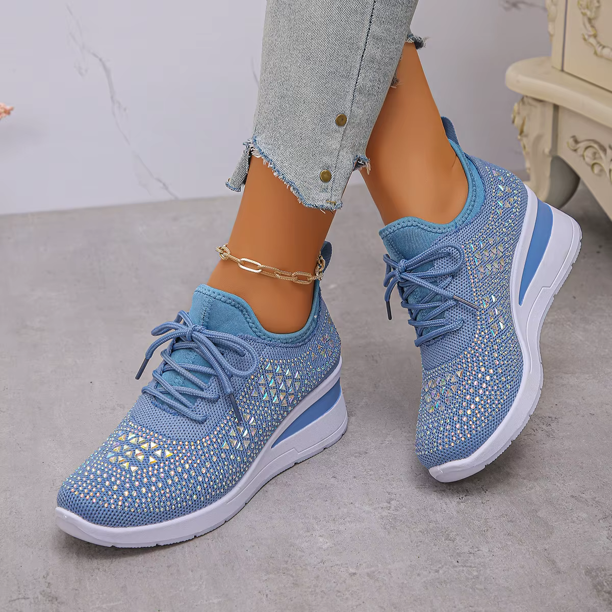 Baskets femme brillant strass coin respirant tricot antidérapant chaussures de marche