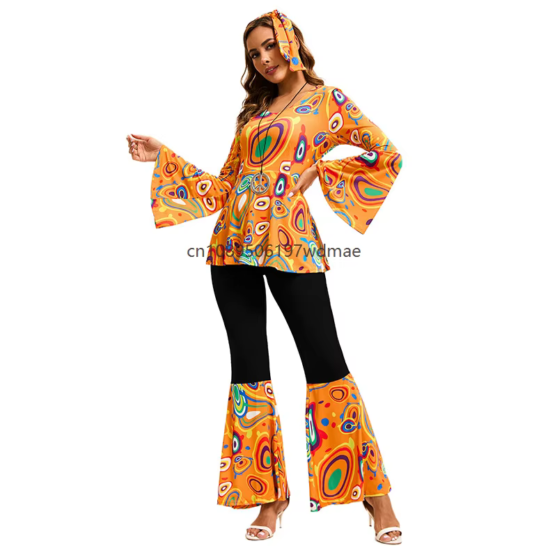 Costume de disco multi-couleurs pour femmes, vêtements de performance hippie, ensemble avec bandeau, robe rétro pour fête dansante