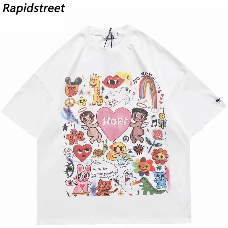 Hommes T-Shirt surdimensionné Hip Hop Streetwear peinture lettre coeur arc-en-ciel anges graphique T-Shirt Harajuku coton T-Shirt unisexe