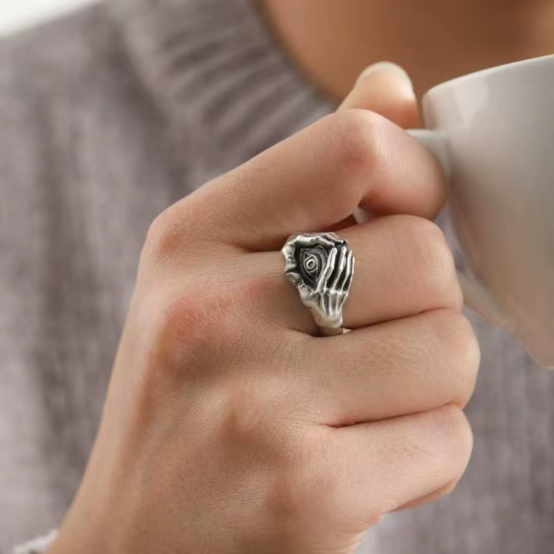 Bague ajustable pour homme, style gothique rétro, motif œil et mains, bijou ouvert, cadeau pour soirée