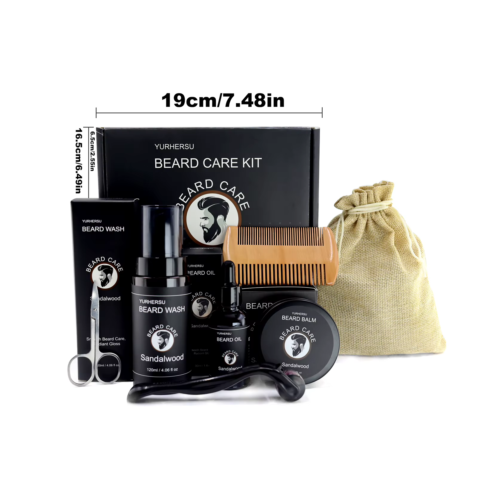 Kit de soins de barbe pour hommes, ensemble de toilettage comprenant huile de barbe, baume, peigne, ciseaux, brosse, sac, meilleur cadeau, 7 pièces