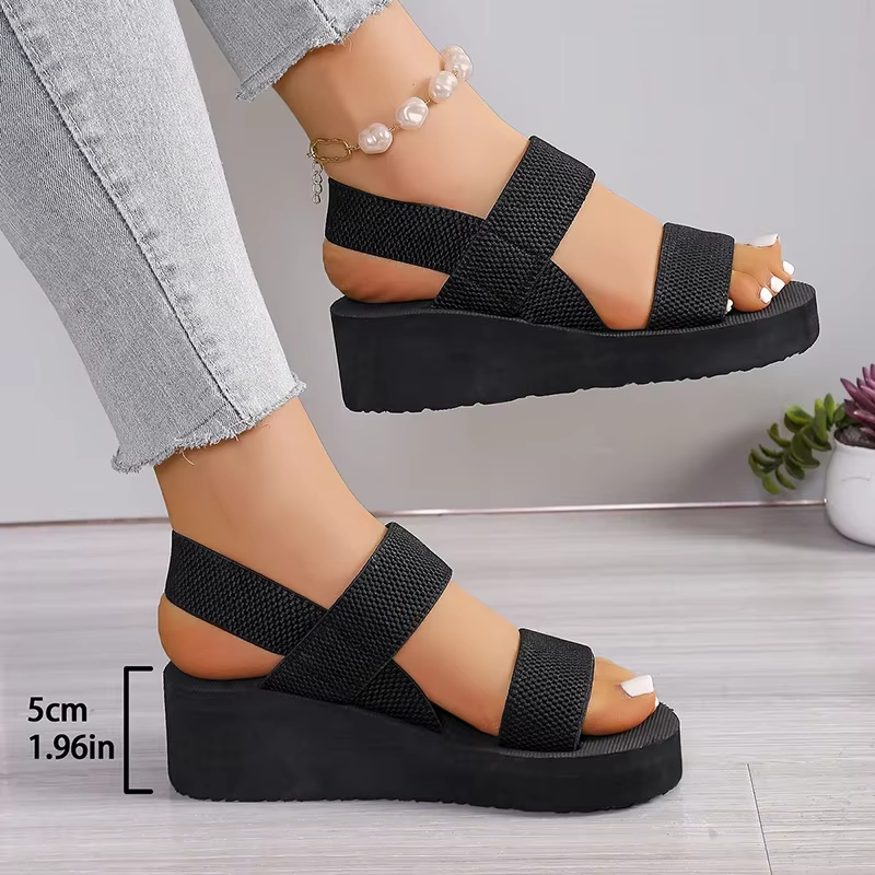 Sandales compensées à bande élastique noire pour femmes été 2025 chaussures de plage légères antidérapantes femme