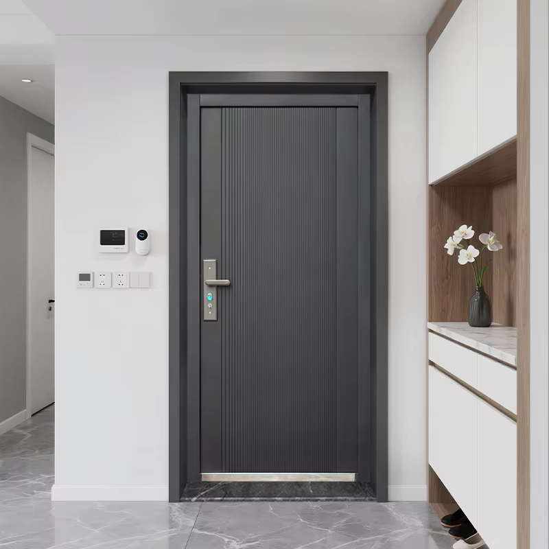Porte de sécurité d'entrée extérieure en acier d'usine chinoise, porte en acier de conception simple, porte en acier de maison moderne