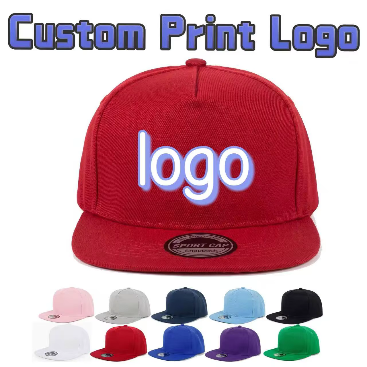 Casquette à visière plate de couleur unie à cinq panneaux avec logo imprimé personnalisé