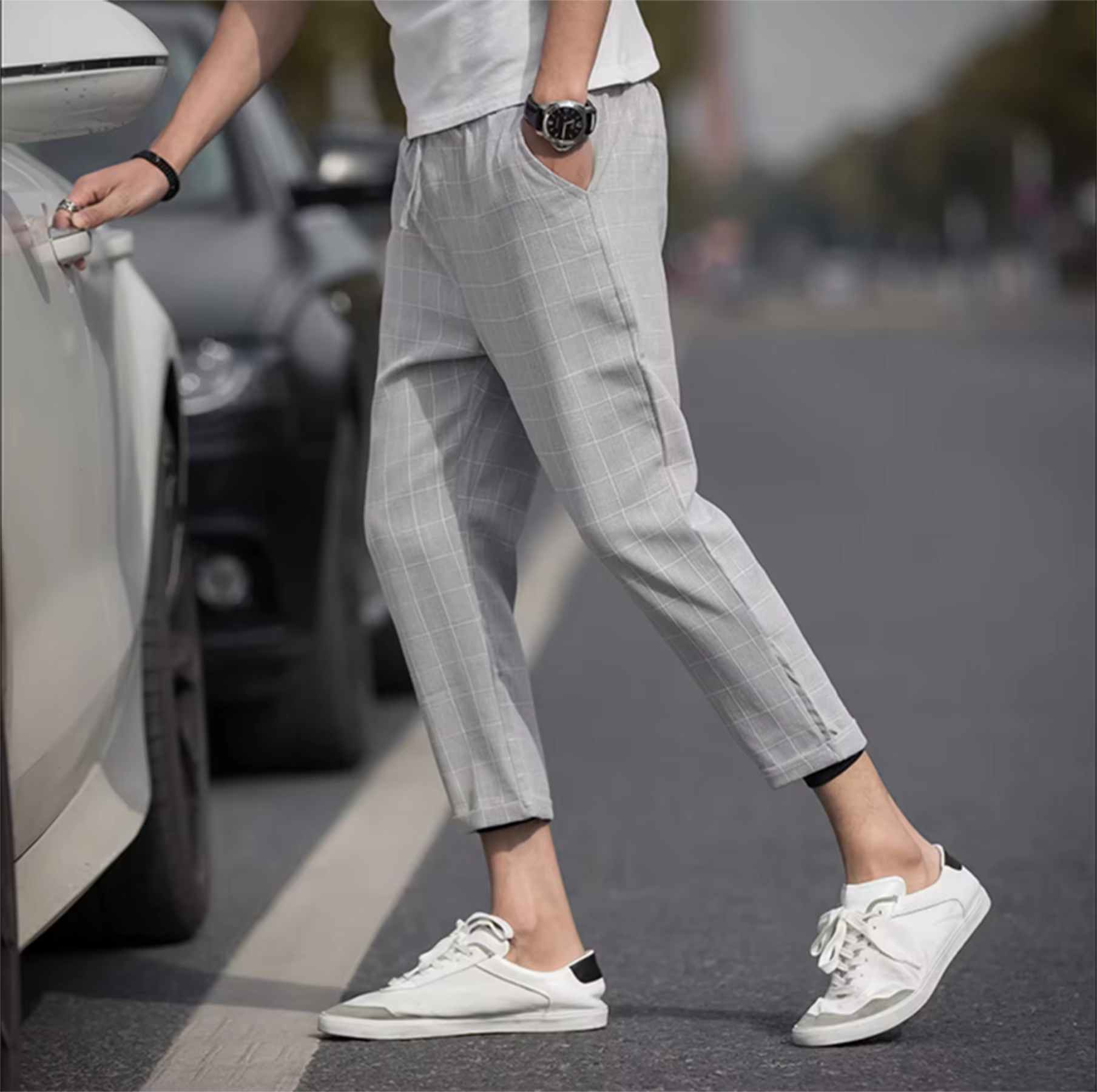 Pantalons pour hommes de style européen et américain, pantalons à carreaux tendance, adaptés au travail, aux loisirs, aux voyages, coupe ajustée et confortable