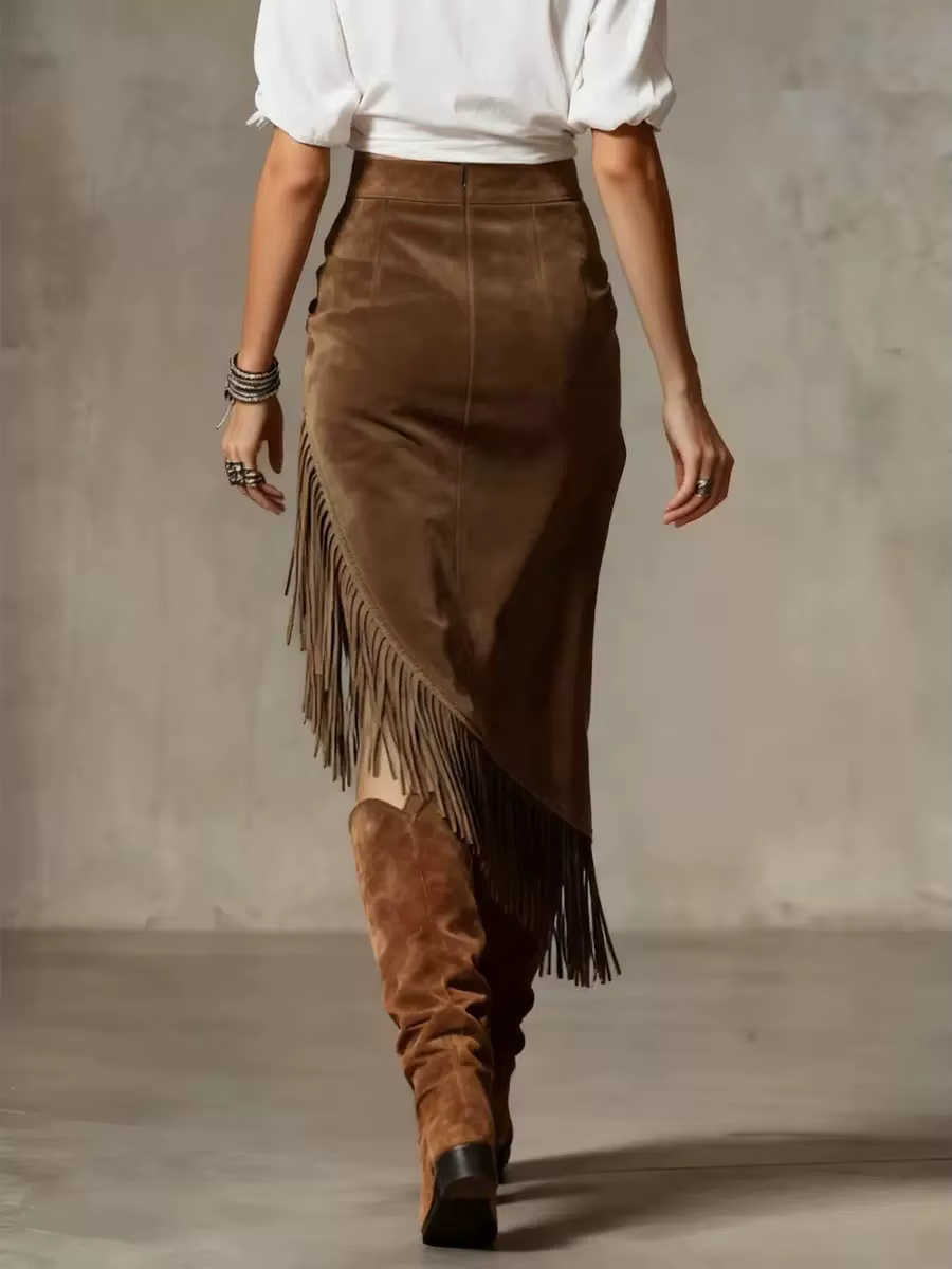 Jupe en daim de style western rétro, design irrégulier, jupe unie