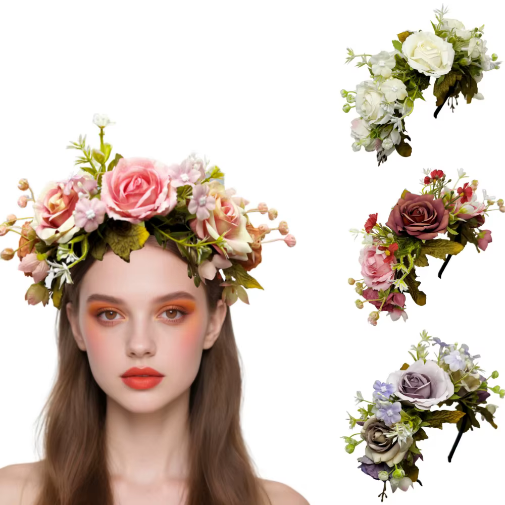Accessoires pour cheveux hawaïens, couvre-chef de mariage léger, bandeau de fleurs de roses artificielles, couronne de fleurs de roses délicates pour mariage