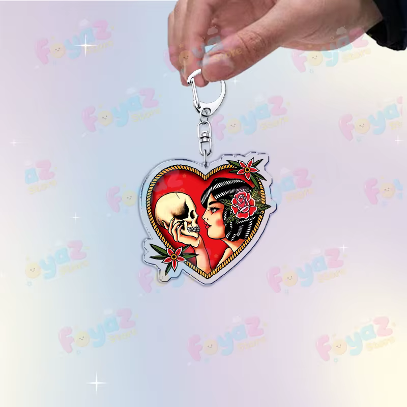 Porte-clés style japonais noir avec tatouages traditionnels pour femmes, accessoires de sac, fleurs roses, crânes, bijoux, cadeaux d'anniversaire