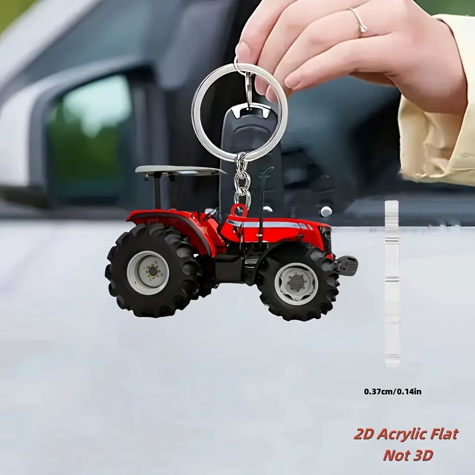 Porte-clés Tracteur Rouge, Porte-clés Décoratif 2D, Convient pour les Clés de Voiture, Décoration de Sac à Dos, Matériau Acrylique, Cadeau d'Anniversaire.