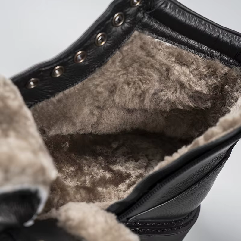 Nouvelles bottes montantes en cuir véritable avec doublure en fourrure pour une chaleur décontractée et une résistance au glissement ; chaussures en coton véritable fourrure avec fines bretelles