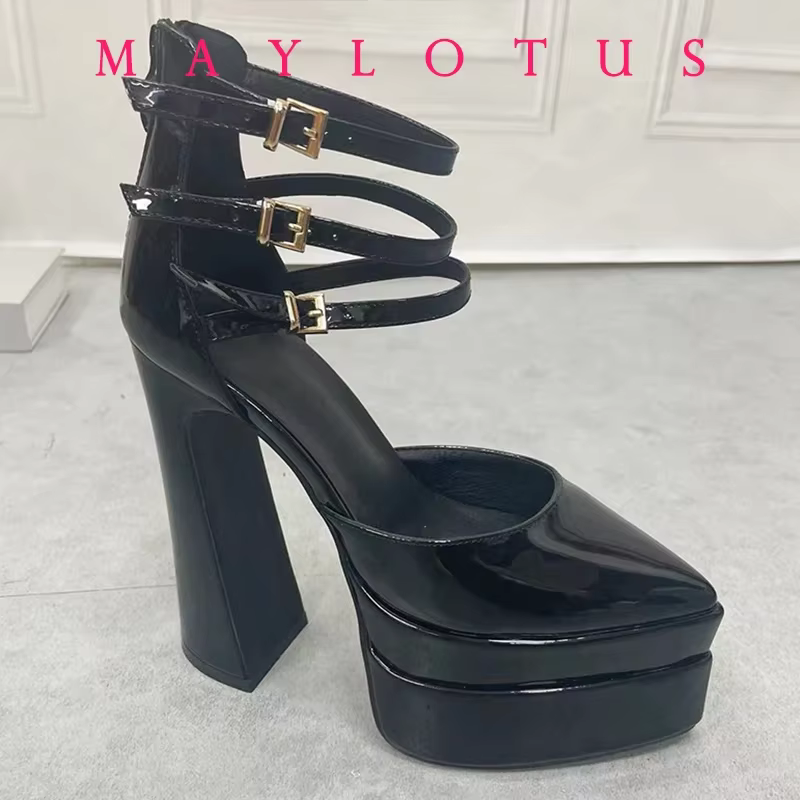 2025 bout pointu talons hauts plate-forme de basket-ball chaussures pour femmes avec sangles pompe Sexy 14 cm dernière boucle pompes décontractées