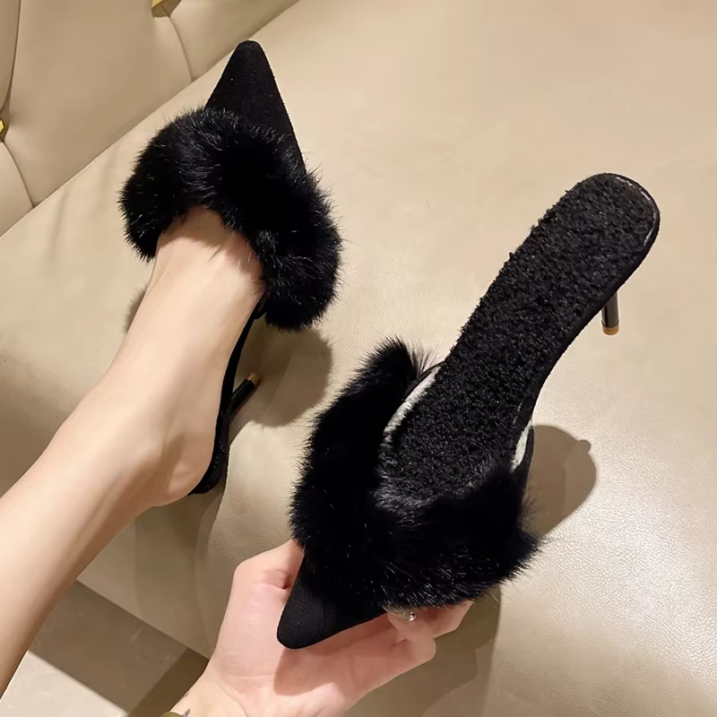 Mules en fausse fourrure pour femmes, pantoufles à bout pointu, sandales à talons fins, courtes, doublées en peluche, chaussures à bout fermé, printemps 2024