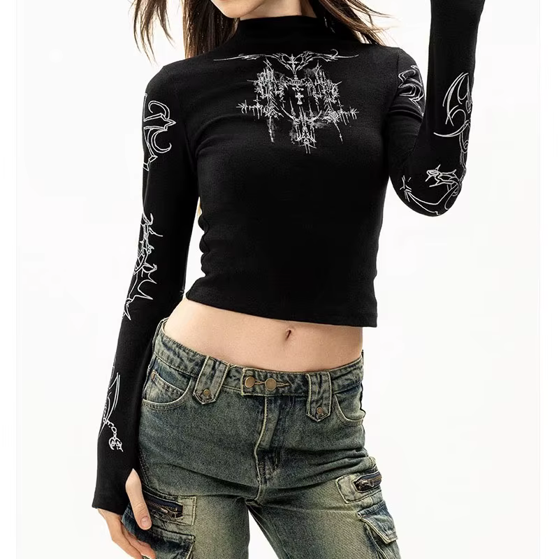 Grunge femmes T-Shirt Y2k esthétique col mi-haut t-shirts imprimé graphique à manches longues hauts transparents Punk Alternative culture hauts EMO