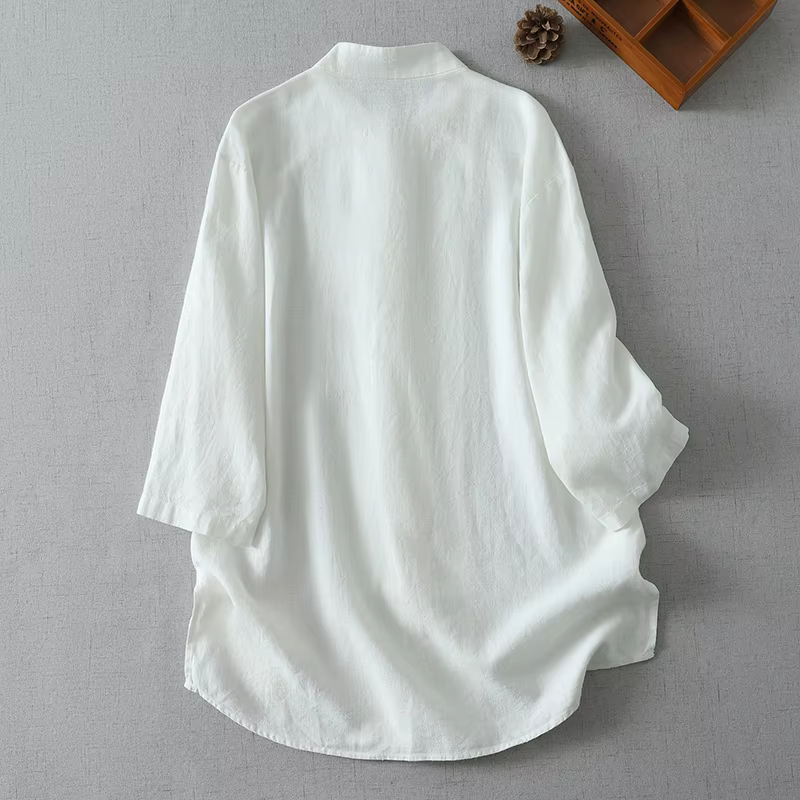 Chemisier blanc en coton et lin de style chinois traditionnel pour femme, manches 3/4, cardigan décontracté ample pour le printemps et l'été