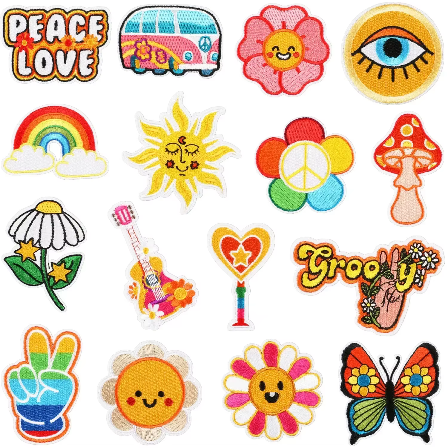 Patchs brodés tournesol de Style Hippie, Bus de la paix, lettres florales, Appliques colorées, emblème d'amour d'auto pour vêtements pour filles groovy