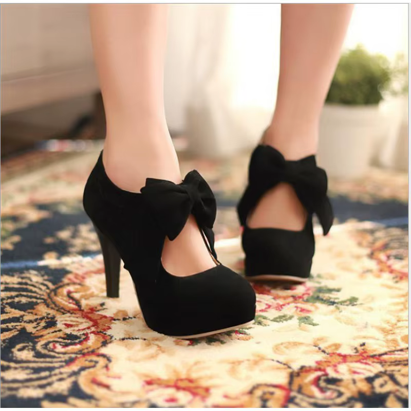 Rétro femmes talons hauts mode Lolita Bow chaussures décontractées exquise plate-forme en daim