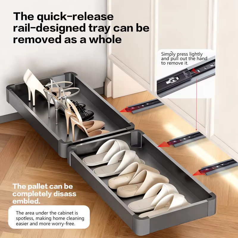 Tiroir coulissant multifonctionnel sous l'armoire à chaussures avec ouverture par poussée pour l'entrée et l'organisation de la maison