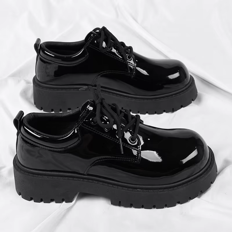 Chaussures en cuir noir unisexe 2025 printemps plate-forme à lacets Oxfords