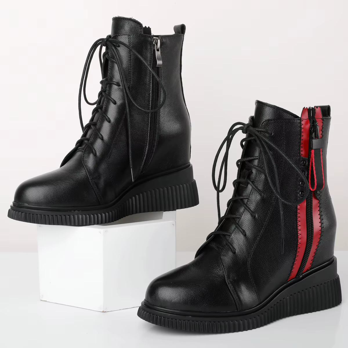 Baskets montantes épaisses en cuir véritable pour femme