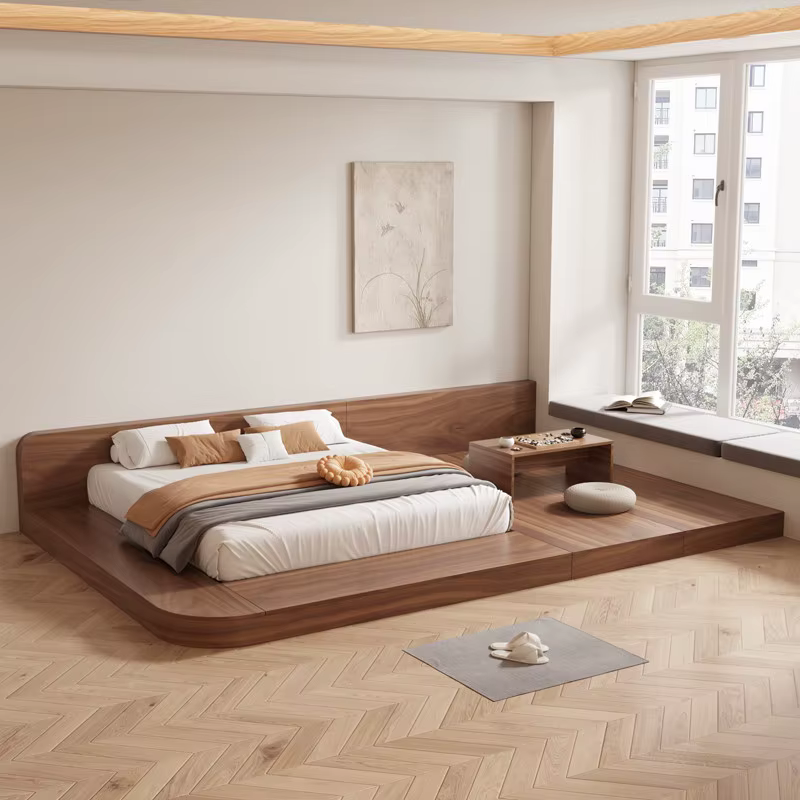 Lit king-size de style japonais, lit bas tatami, lit double avec sommier intégré, lit bas au sol personnalisable en bois massif