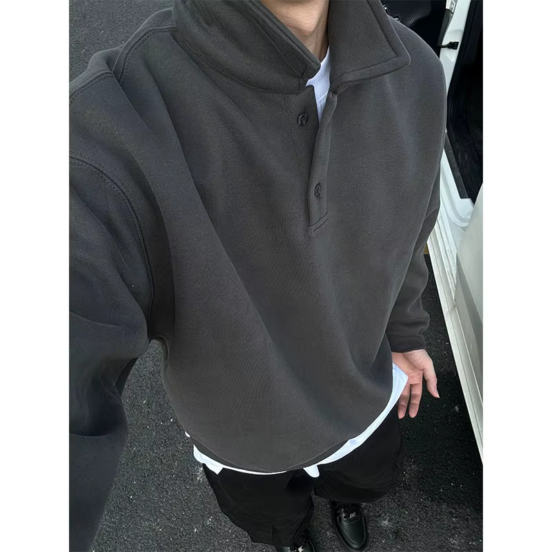 Sweat-shirt à col Polo pour hommes, Style printemps-automne, chemise à manches longues, veste à revers rétro américaine