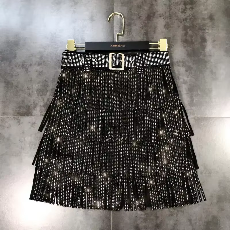 Femmes jupe mode 2025 nouveau automne taille haute ceinture multicouche courte lourde forage strass jupe à franges avec gâteau une ligne