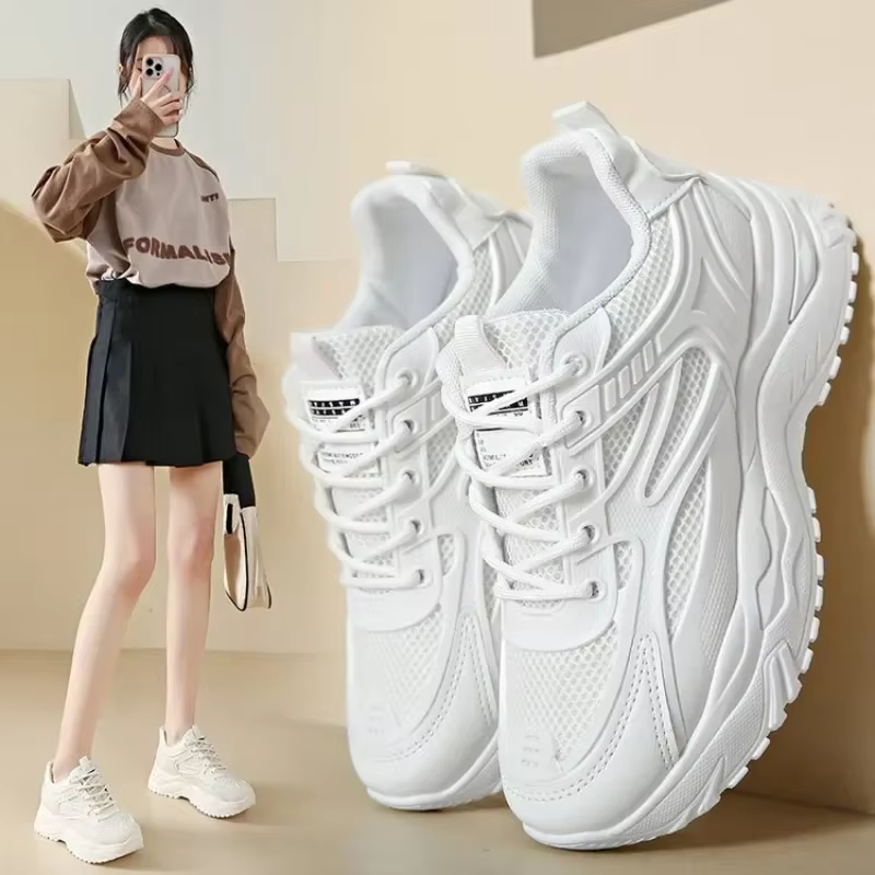 Baskets épaisses en cuir blanc pour femmes