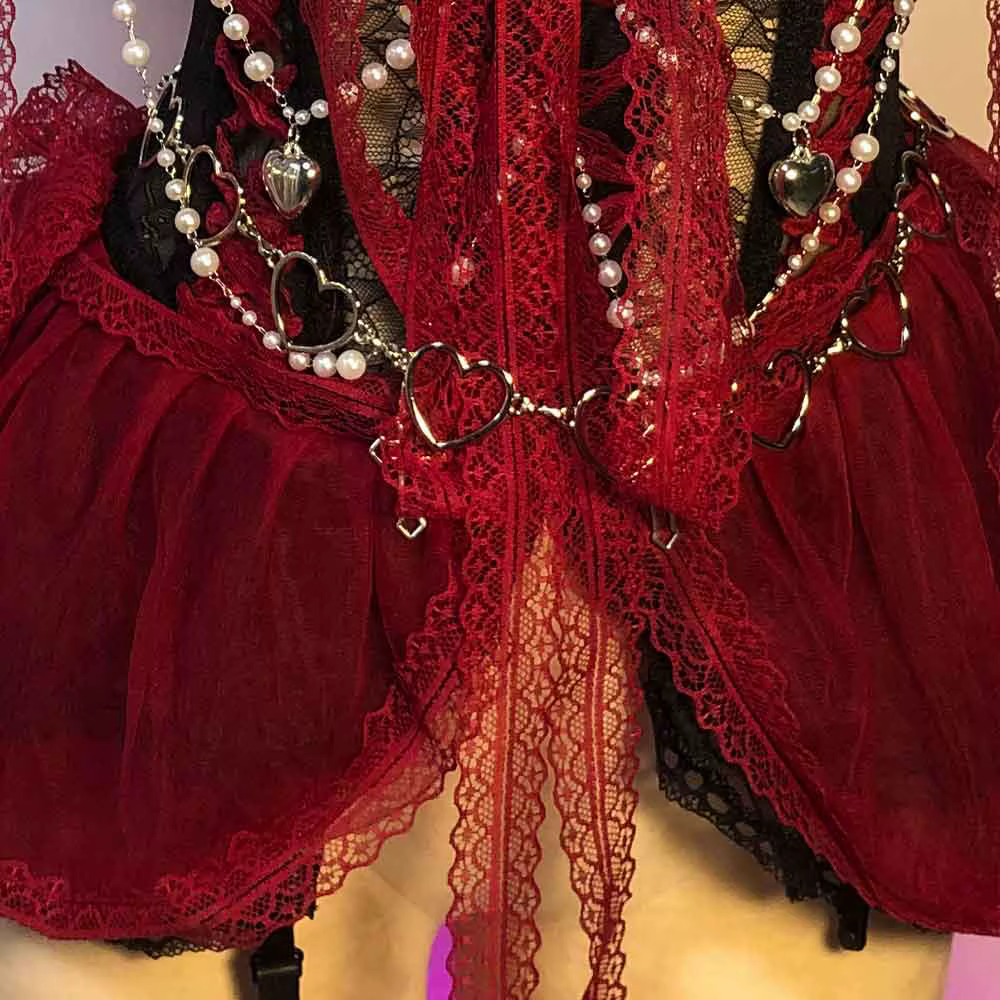 Robe Gothique Rouge pour Femme Y2K Rave Cyber Punk Rock Star Goth Croix Dentelle Scène Emo ALT Grunge E-Girls Lolita Robe de Bal Vêtement