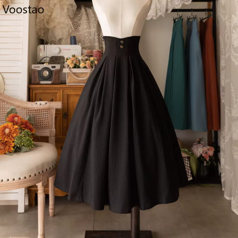 Jupe mi-longue Vintage victorienne Lolita pour femmes, élégante, douce, boutons Y2k, Slim, ligne a, jupes longues, jupe de fête classique japonaise