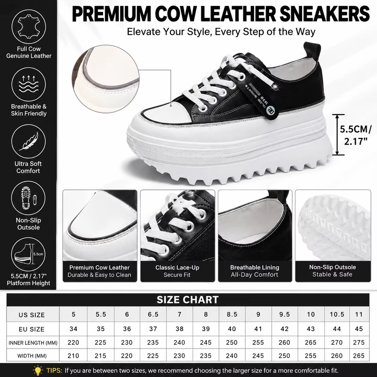 Fujin-Chaussures compensées à plateforme en cuir véritable