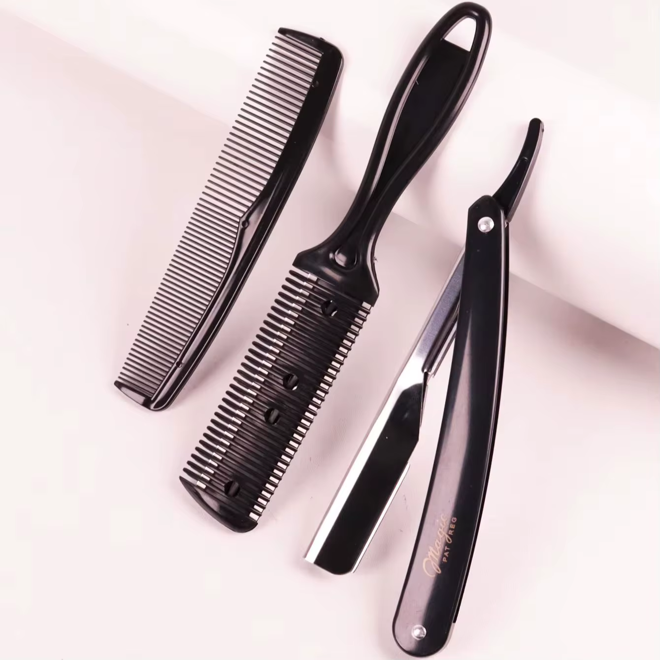 Ensemble d'outils de coiffure - rasoir, peigne avec rasoir, peigne à double face, outils de coiffure, spécialement conçus pour les perruques en cheveux naturels