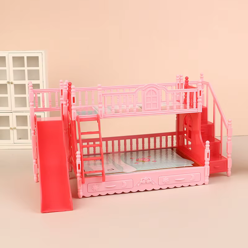 Chambre à coucher de simulation de maison de poupée: adorable mini lit superposé princesse avec toboggan, accessoires de meubles fins fabriqués