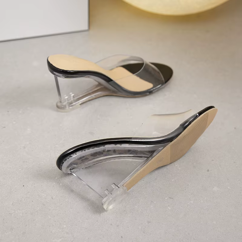 2025chaussures pour femmes été nouvelle mode sans lacet talons hauts cristal coin femme Peep Toe pantoufles décontractées