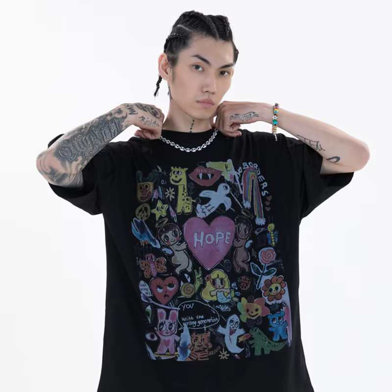 Hommes T-Shirt surdimensionné Hip Hop Streetwear peinture lettre coeur arc-en-ciel anges graphique T-Shirt Harajuku coton T-Shirt unisexe