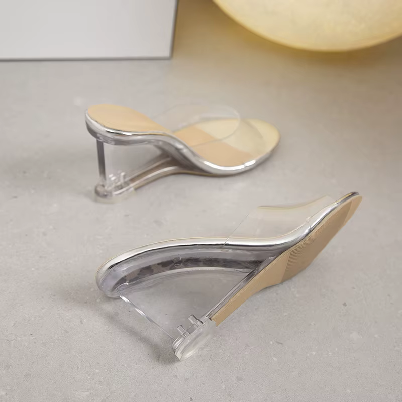 2025chaussures pour femmes été nouvelle mode sans lacet talons hauts cristal coin femme Peep Toe pantoufles décontractées