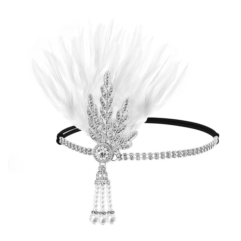 Robe de cosplay Gatsby, couvre-chef en plumes et diamants, bandeau de style coréen, accessoires de fête masquée, cheveux à paillettes