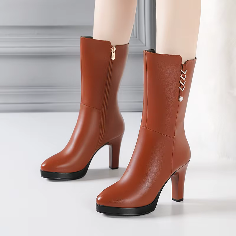 Bottes de moto mi-mollet en cuir peluche pour femmes