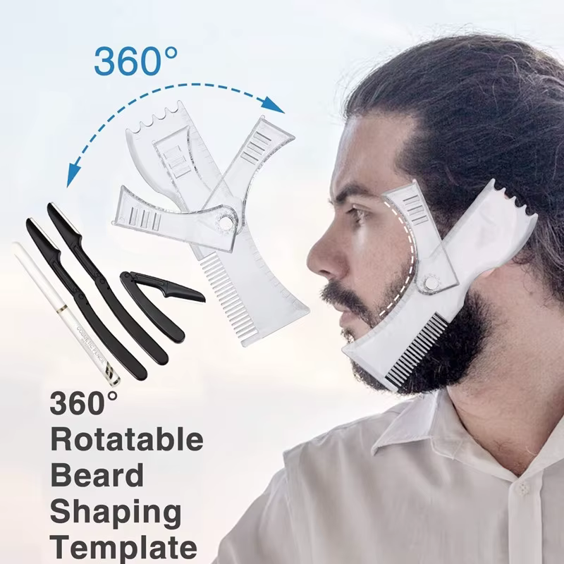 Kit de modelage de barbe – Outil complet de mise en forme et de coiffage – Shaper réglable, rasoirs, crayon de barbier, modèle de guide de pochoir à barbe