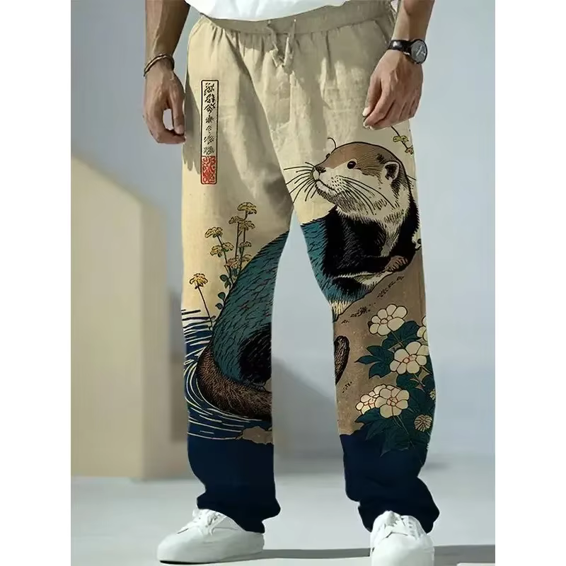 Pantalon à jambes larges de Style japonais Harajuku, imprimé renard raton laveur, pantalon décontracté pour hommes, pantalon d'été, Streetwear, vêtements